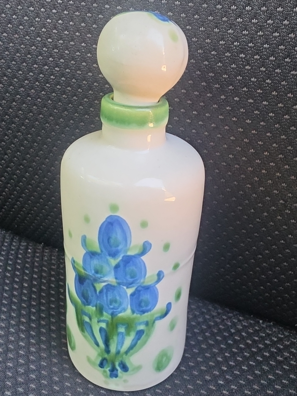 Hand-Painted White Ceramic Bottle with Blue and Green Floral Motif M.A Hadley
